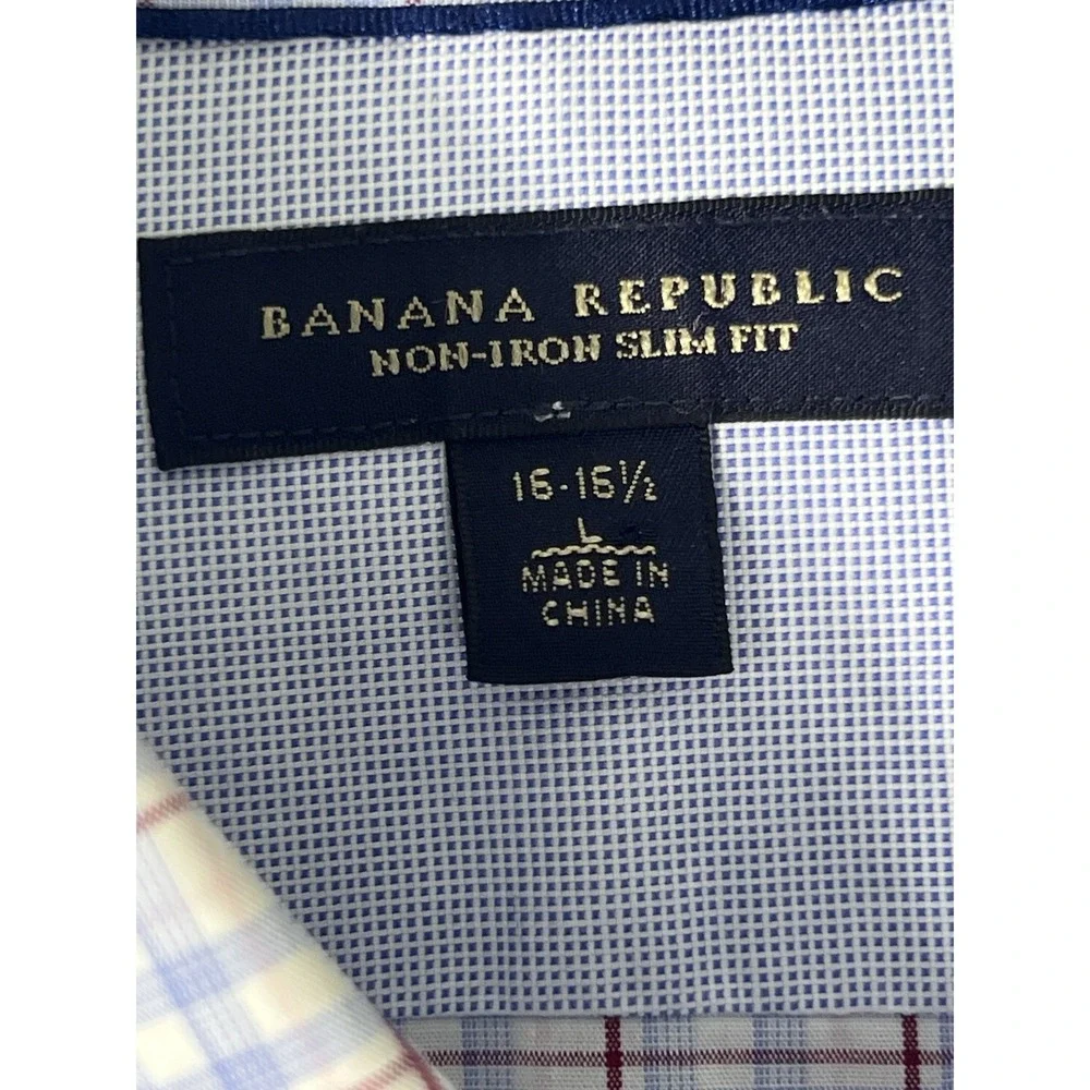 Banana Republic Mens Non-Iron Slim Fit Plaid Dress Shirt Blue Burgundy 16-16.5 L
